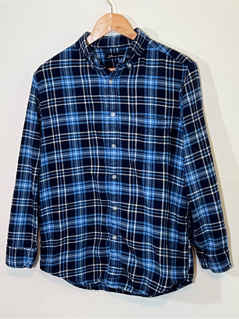 John Ashford Men’s Medium Blue Plaid Flannel Shirt 100% Cotton Button Down